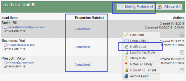 The areas highlighted in blue show the "Matched Leads" and way to notify your leads of available properties. 