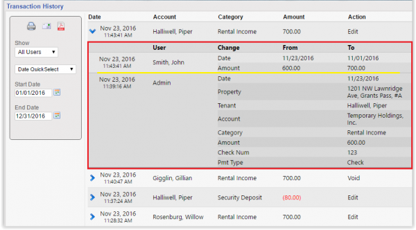 A glimpse of a modified transaction will show which user edited an amount, as well as relevant tenant, property, and account information related to the transaction.