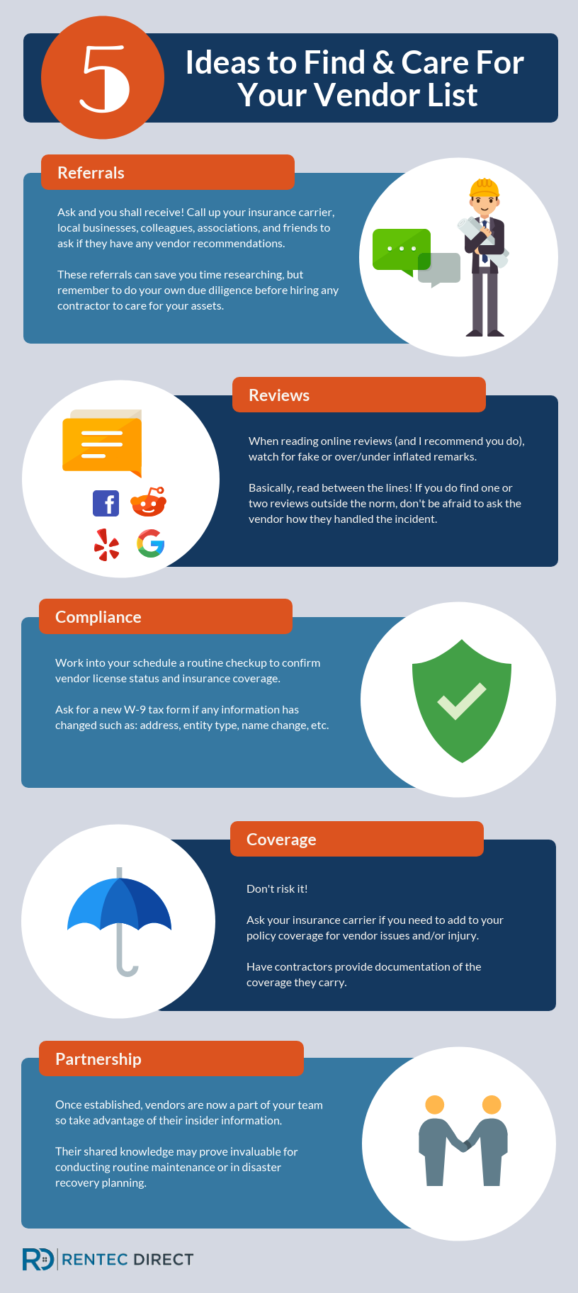 This infographic gives five ideas to find and care for your vendor list including: ask for referrals, check online reviews, confirm compliance, check with your insurance carrier, and team building 