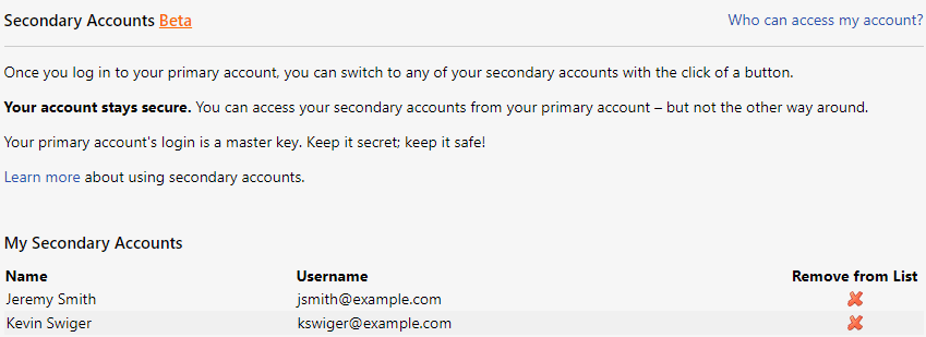 remove secondary account
