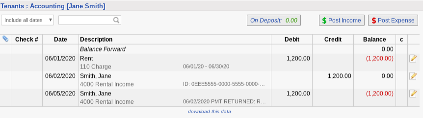 Returned Tenant ACH Transaction on Ledger