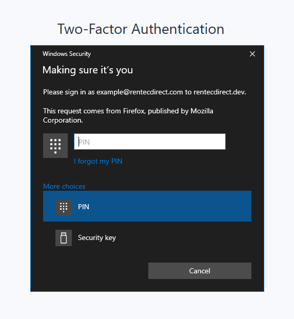 Mozilla Firefox on Windows two factor authentication Rentec security key passkey sign in