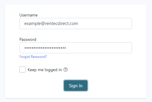 Sign in to Rentec Direct property management software on the log in page