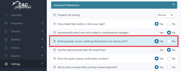 Adjust settings to allow automated email notification for ACH owner disbursements