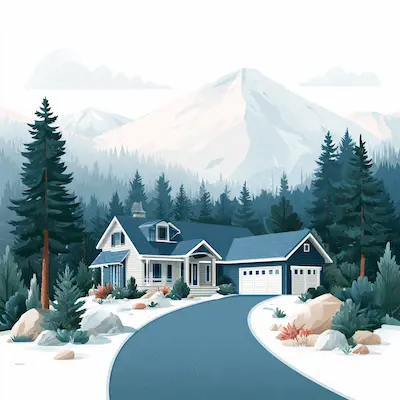 Illustration of an Idaho rental home with mountains and pine trees, representing continued Idaho rent growth