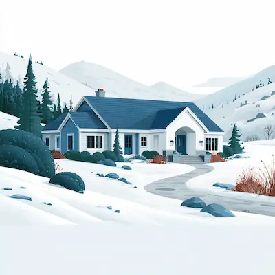 Illustration of a Montana rental home in snowy mountains, representing Montana's cooling rental market
