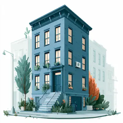 Illustration of a New York brownstone apartment building, representing rebalancing rents in New York and New Jersey