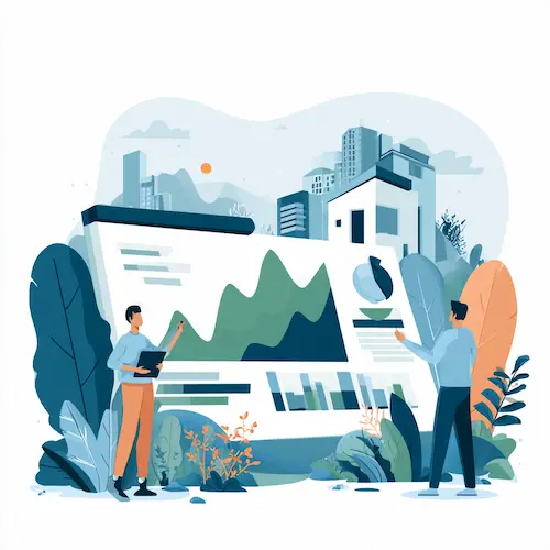 Illustration of housing providers reviewing local rental market data charts to guide rent pricing decisions